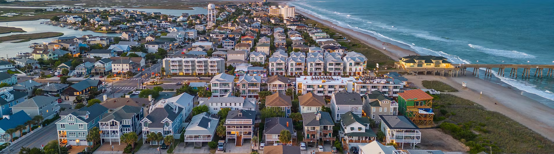 Aerial view of a coastal North Carolina town